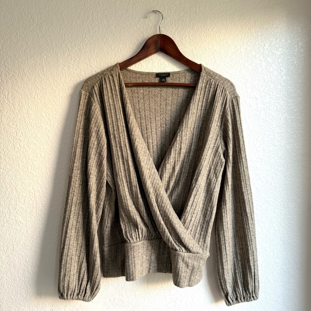 Ann Taylor Womens Shirt Beige Gray Heathered Faux Wrap Ribbed Size Large